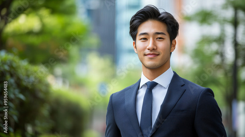 Portrait of an handsome Asian man in suit outdoors with a blurry business center in backdrop