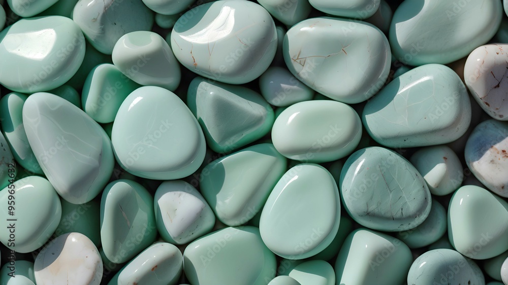 Mint color stones with a smooth surface. Many pale green rocks