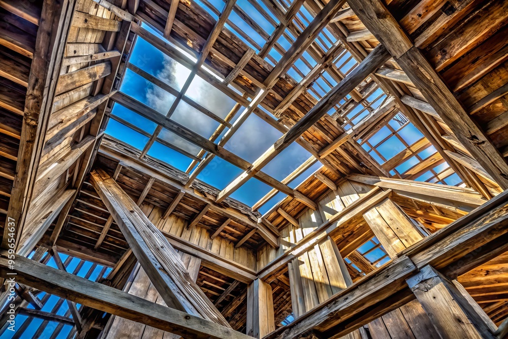 A photo image of layered roof structures, beams, and weathered wood, captured from a low angle, looking upwards towards a fragmented skylight. A photo image of layered roof structures, beams, and weathered wood, captured from a low angle, looking upwards towards a fragmented skylight.