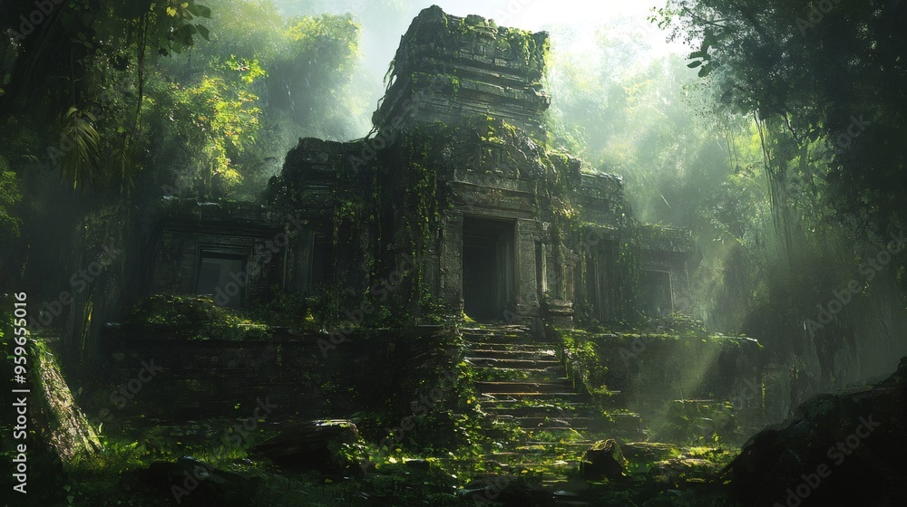 An ancient stone temple overgrown with vines and moss, shrouded in fog and sunlight, with a stone staircase leading to a dark doorway. An ancient stone temple overgrown with vines and moss, shrouded in fog and sunlight, with a stone staircase leading to a dark doorway.
