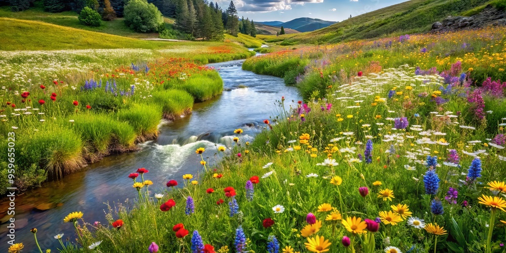 a photo image of a serene meadow filled with wildflowers of different colors and shapes, a gentle stream running alongside a photo image of a serene meadow filled with wildflowers of different colors and shapes, a gentle stream running alongside
