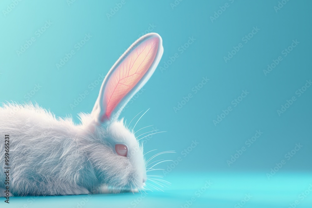 Fototapeta premium Side angle perspective showcasing a pristine white rabbit ear positioned against a serene pastel blue surface, capturing the essence of Easter day through a captivating 3D render