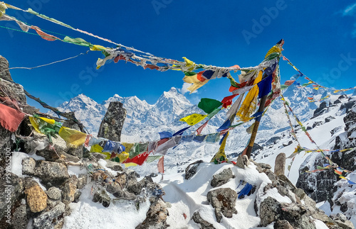 Beautiful snow mountain view captured from Sele le pass during the Kanchenjunga circuit trek. 