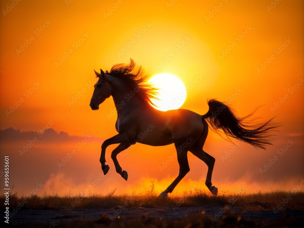 photo image of a horse galloping in the sunset with a stylized sun symbol integrated into its mane photo image of a horse galloping in the sunset with a stylized sun symbol integrated into its mane