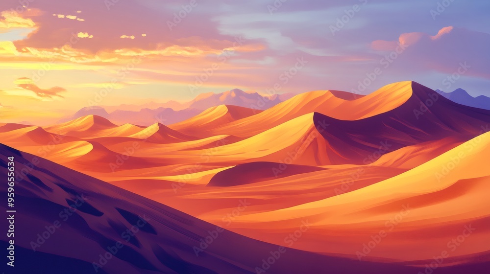 Naklejka premium A vibrant, colorful sunset over a vast desert landscape.