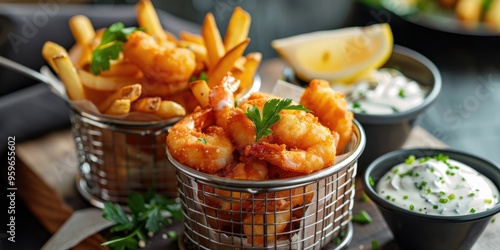 Obraz na płótnie Shrimp and potato fries presented in metal baskets accompanied by tartar sauce. w salonie