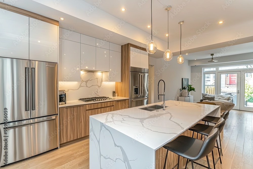 Interior of modern kitchen with gray and wooden walls, concrete floor, white countertops with built in sink and bar with stools Interior of modern kitchen with gray and wooden walls, concrete floor, white countertops with built in sink and bar with stools