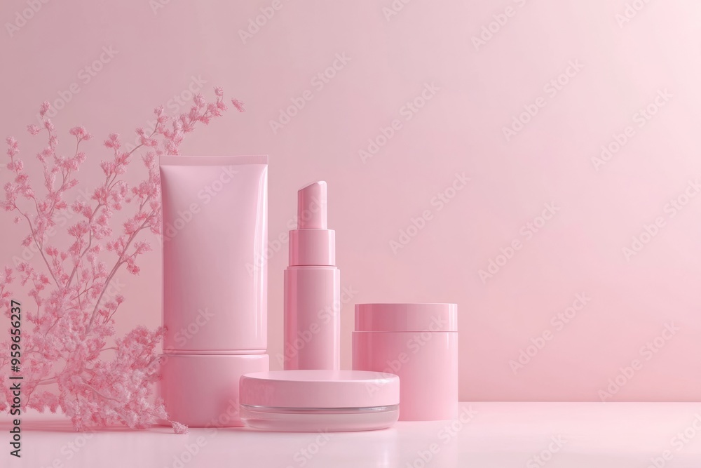 Set of pink cosmetics on a light pastel background, 3D rendering Set of pink cosmetics on a light pastel background, 3D rendering
