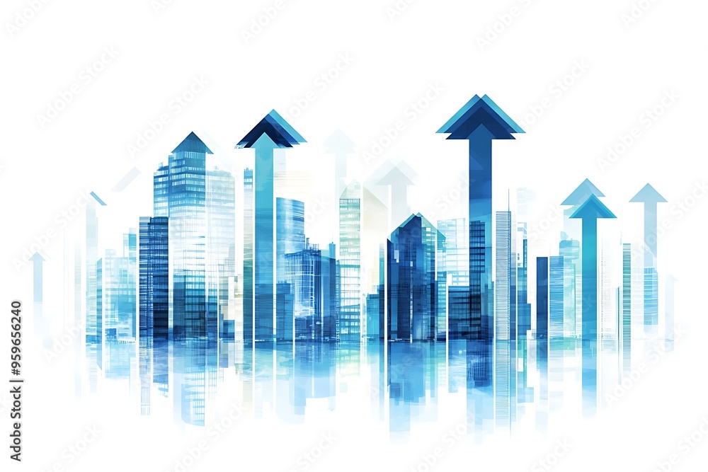 Cityscape with Rising Arrows Illustrating Progress and Growth Cityscape with Rising Arrows Illustrating Progress and Growth