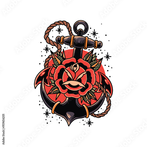 anchor and rose tattoo vector design