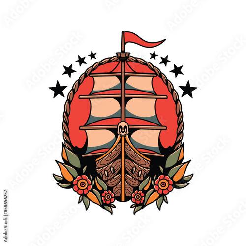 pirates ship tattoo vector design