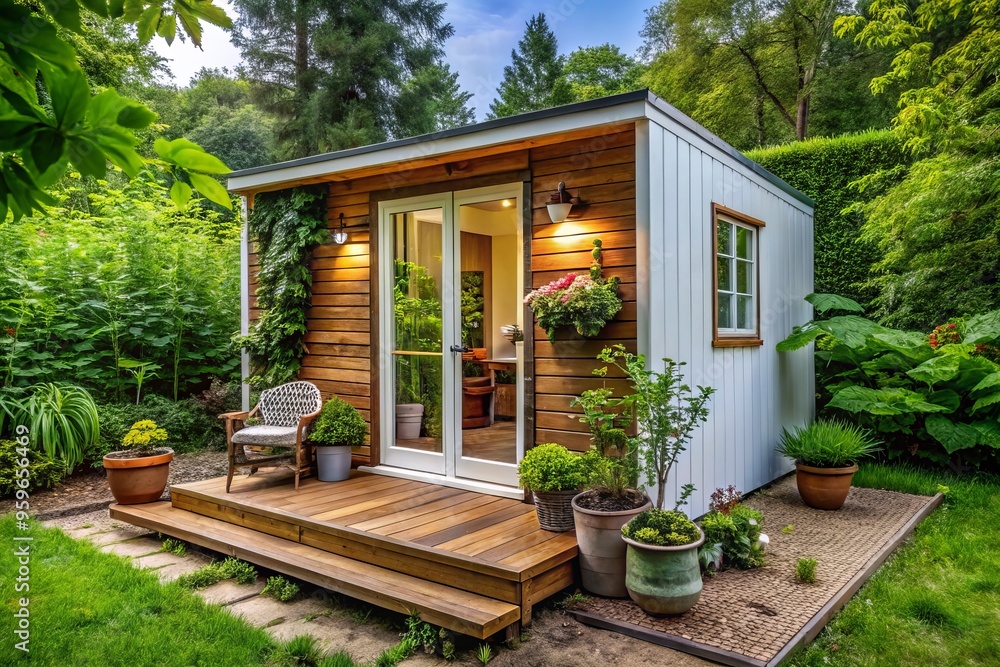A photo image of a cozy tiny house container nestled amidst lush greenery, with a crisp white exterior and a rustic wooden door. A photo image of a cozy tiny house container nestled amidst lush greenery, with a crisp white exterior and a rustic wooden door.