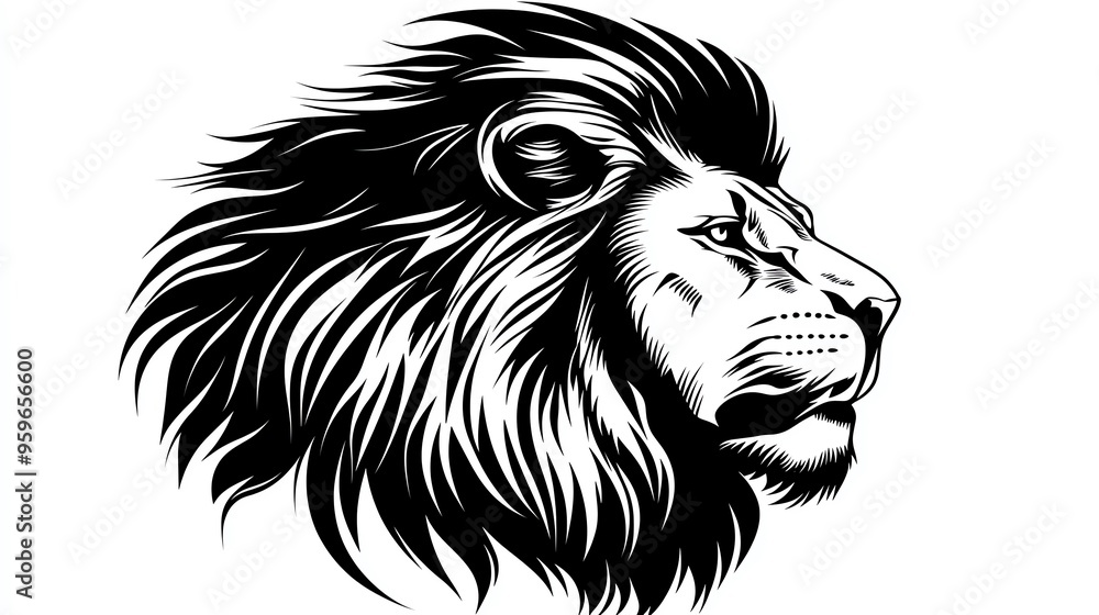 Obraz premium Black and white illustration of a roaring lion head.