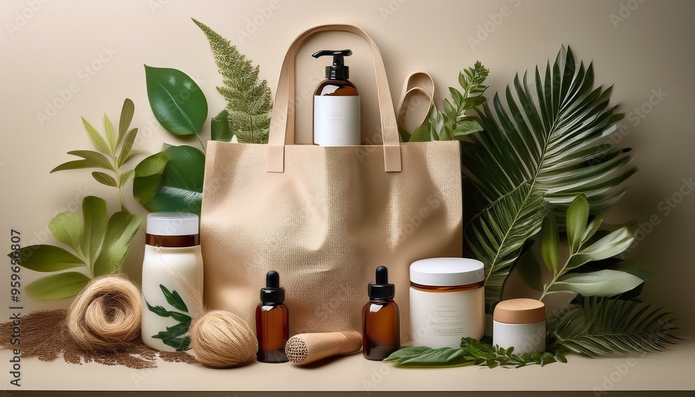 set of cosmetic products,Natural skincare products arranged artistically around a reusable paper bag on a neutral background set of cosmetic products,Natural skincare products arranged artistically around a reusable paper bag on a neutral background