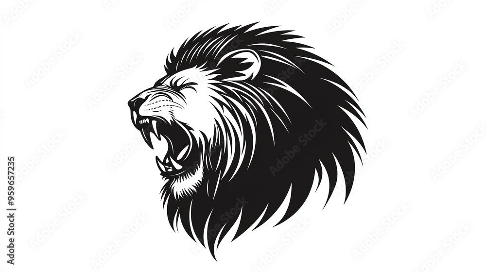 Fototapeta premium Black and white illustration of a roaring lion head.