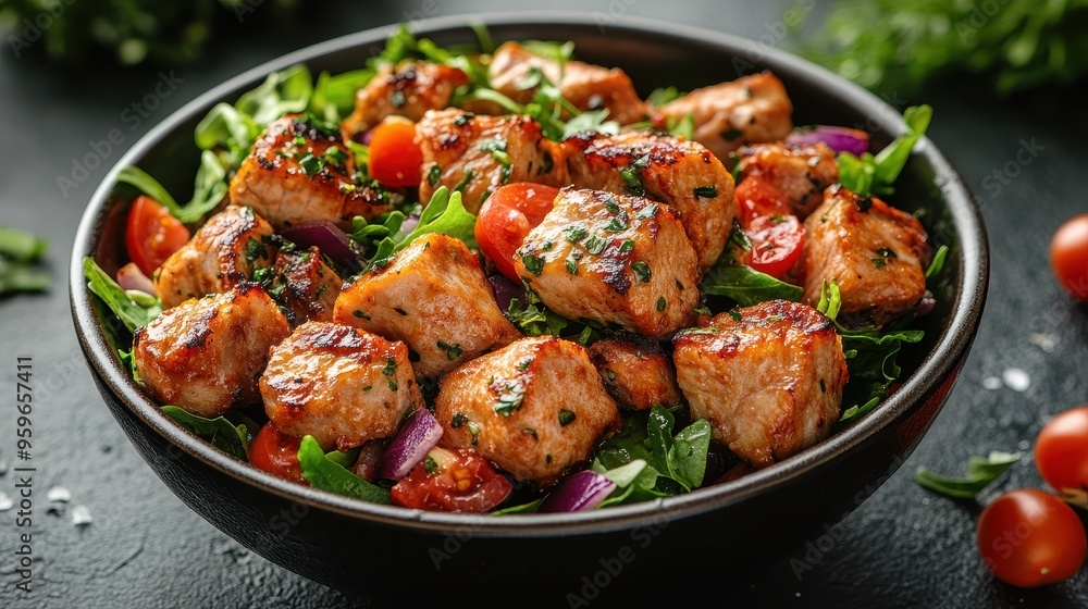 Top view of baked meat served with fresh salad in a bowl on a dark background, studio shot with space for text, high-quality food photography showcasing a savory dish.
Top view of baked meat served with fresh salad in a bowl on a dark background, studio shot with space for text, high-quality food photography showcasing a savory dish.