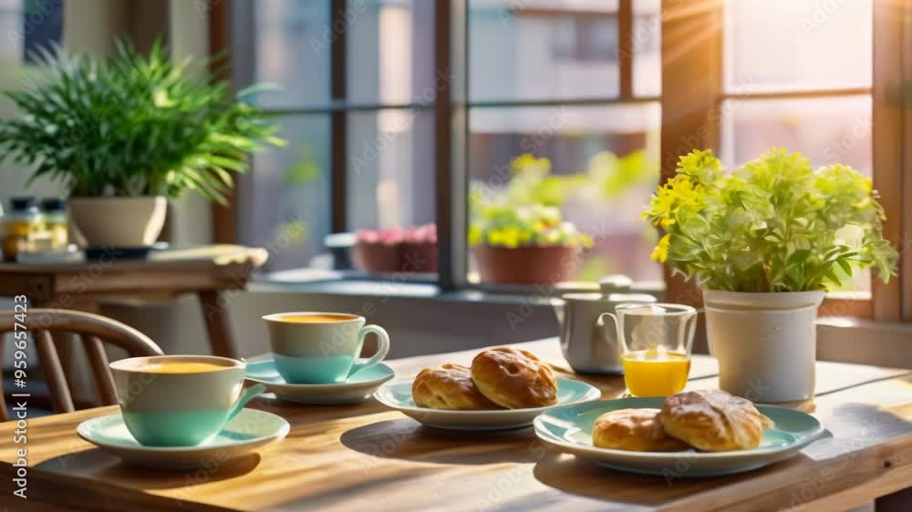 Cozy Breakfast Table with Coffee and Pastries by the Window Cozy Breakfast Table with Coffee and Pastries by the Window
