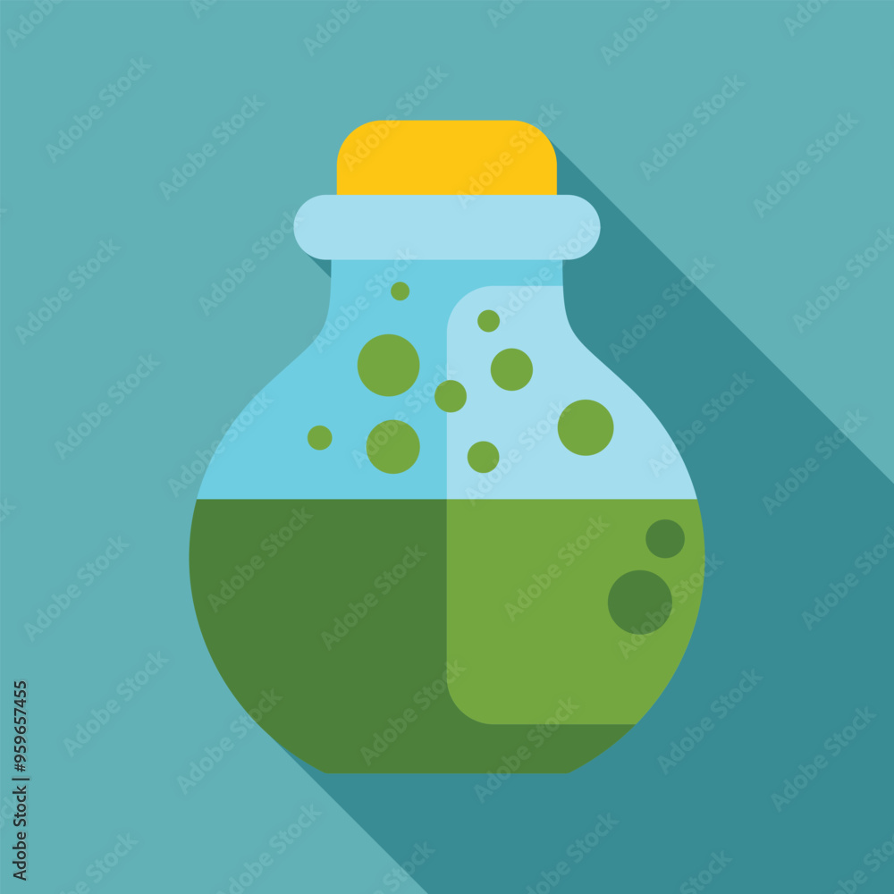 Round bottom flask containing bubbling green liquid, in flat design with long shadow Round bottom flask containing bubbling green liquid, in flat design with long shadow