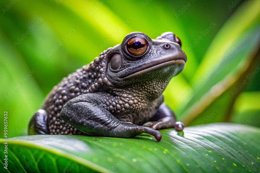 Fototapeta premium A black toad perches tranquilly on a vibrant green leaf, its beady eyes shut tight as if basking in the sun.