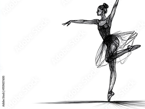 silhouette of a graceful ballerina en pointe, elegant black lines, white background, minimalist vector art photo