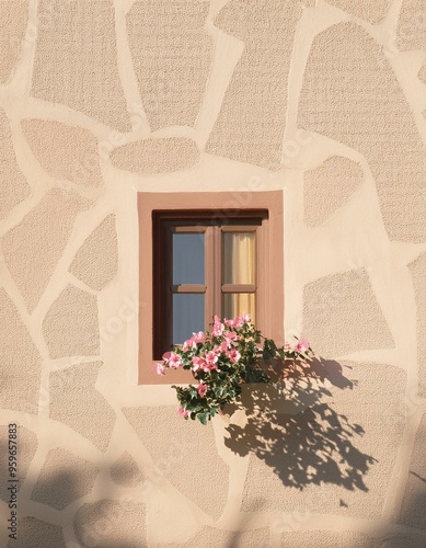 window decorated with rose flowers on a wall of a typical beige Mediterranean house