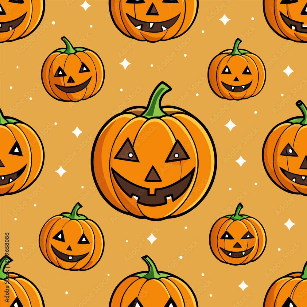Halloween pattern with cute spooky pumpkins in purple, black and white colors. Star shape, Jack-o-lantern seamless repeat background, wallpaper. Halloween pattern with cute spooky pumpkins in purple, black and white colors. Star shape, Jack-o-lantern seamless repeat background, wallpaper.