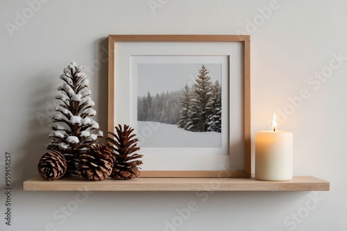 Small square wooden frame mockup with hanging pine branch, pinecone and candles on shelf on empty white wall background. Minimal Christmas interior decoration