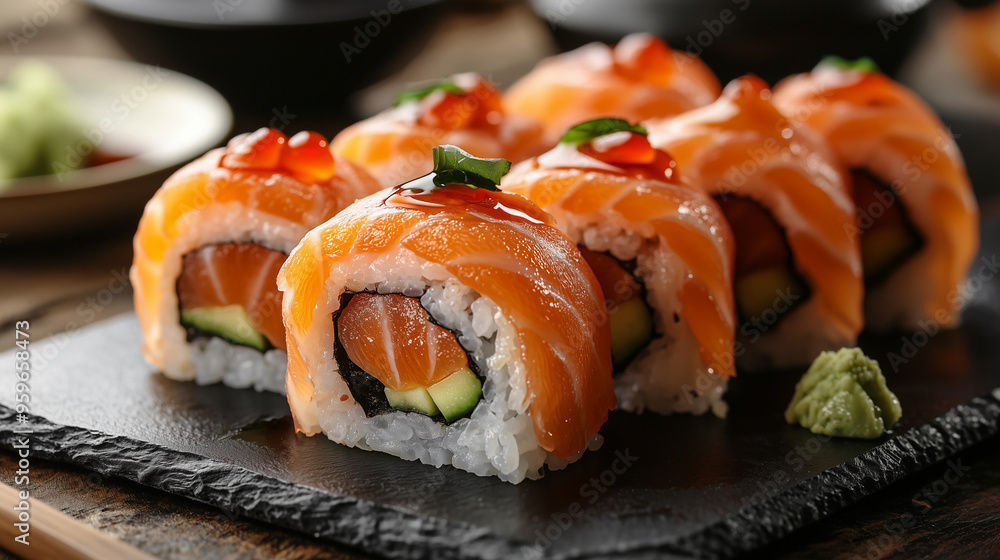 A plate of gourmet sushi rolls with fresh salmon, avocado, and seaweed, artfully arranged on a dark slate plate, with a side of wasabi and soy sauce A plate of gourmet sushi rolls with fresh salmon, avocado, and seaweed, artfully arranged on a dark slate plate, with a side of wasabi and soy sauce