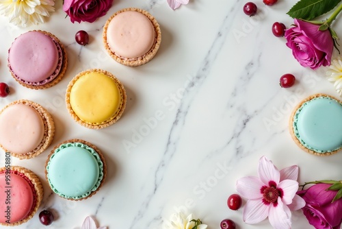 Elegant Array of Colorful Desserts on Marble Countertop