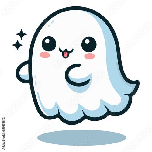 Cute ghost floating for Halloween Trick or Treat. Funny spooky boo character. Spook phantom with happy smiling face expression. kids flat vector illustration.