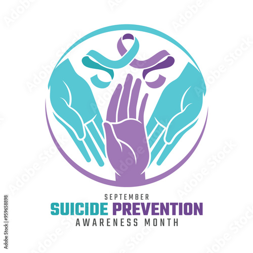 Suicide prevention awareness month - Teal purple Caring hands and ribbon awareness in line circle sign vector design