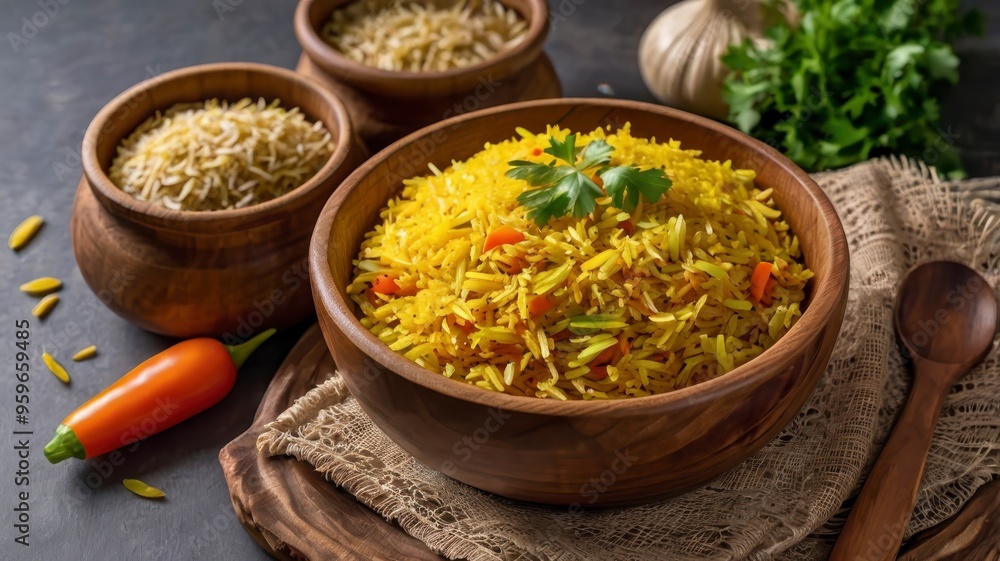 Top and side view of Pakistani yellow rice with vegetables in wooden bowl Top and side view of Pakistani yellow rice with vegetables in wooden bowl