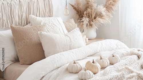 Cozy fall-themed bedroom with neutral tones, soft pillows, and mini white pumpkins, creating a warm and inviting atmosphere. photo