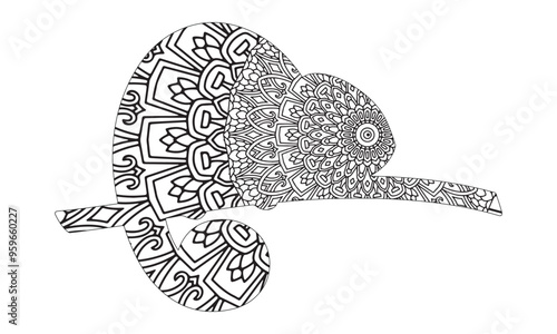 Monochrome chameleon coloring page black over white.Child Colouring Page Illustration of Chameleon on tree branch. Wild Animal Concept.Chameleon outline illustration image. Hand drawn image artwork.
 photo