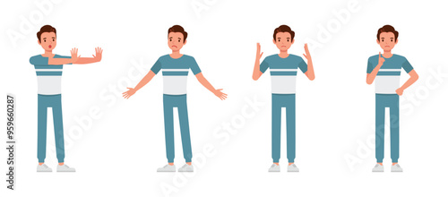 Men wear blue and white t-shirt character vector illustration design set. Men express negative emotions.