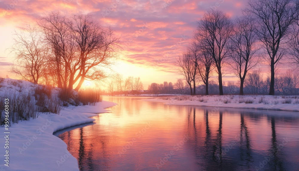Fototapeta premium Winter sunset light beauty landscape in river covered snow