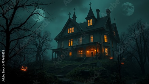 A mysterious old house stands in the darkness, lit by a single bright window.