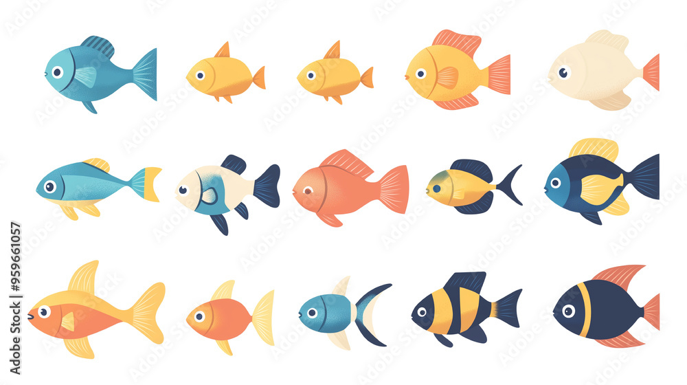 かわいいカラフルな魚キャラクターセット|海のポップなデザイン素材|多用途イラストアイコン集 かわいいカラフルな魚キャラクターセット|海のポップなデザイン素材|多用途イラストアイコン集