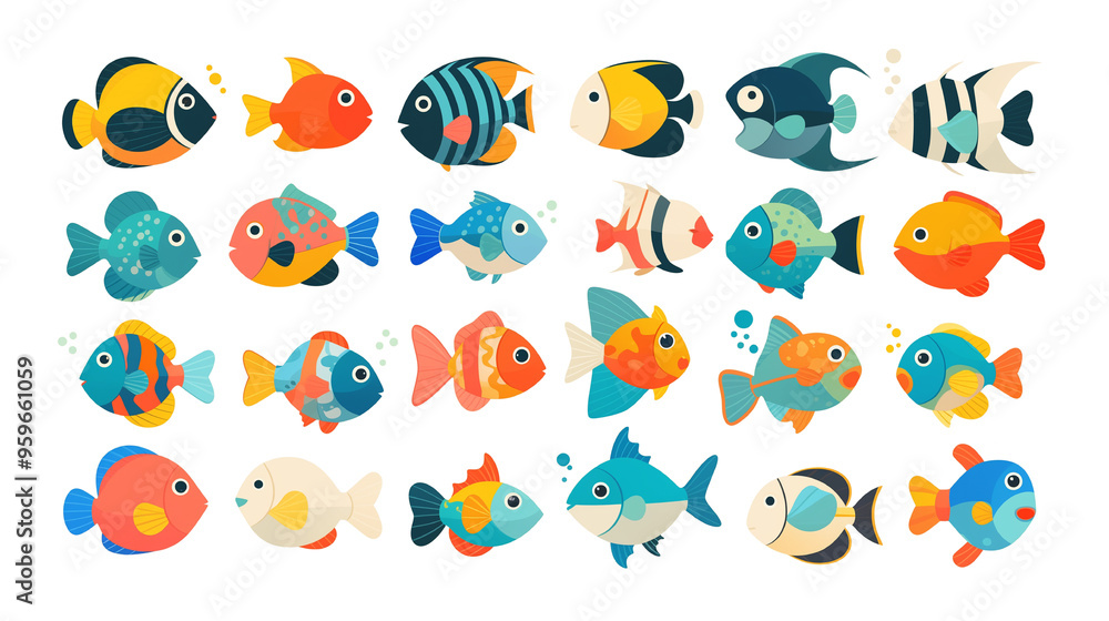 Obraz premium カラフルでポップな魚キャラクターセット｜海のデザイン素材｜多用途イラストアイコン集