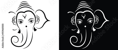 Lord Ganesh line art - Ganesh Face art - Ganesh Chaturthi - Ganapati Festival. isolated on white background. Vector illustration.
