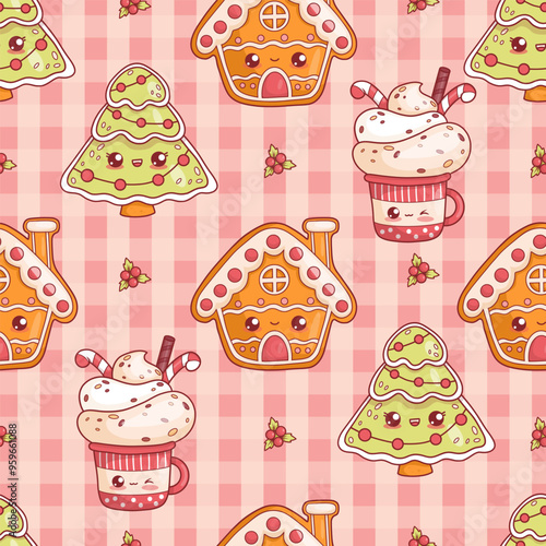 Seamless pattern with cute Christmas gingerbread house, tree with garland and red cup with cream dessert on pink checkered background with holly. Funny holiday kawaii character. Vector illustration