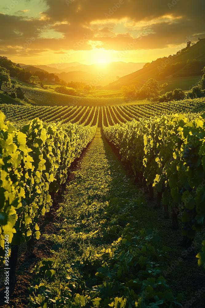 Fototapeta premium Sunlit Grape Vines in a Vineyard