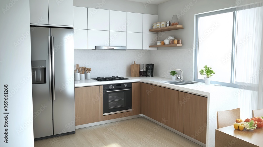 Fototapeta premium A modern spacious kitchen with a minimalist aesthetic.