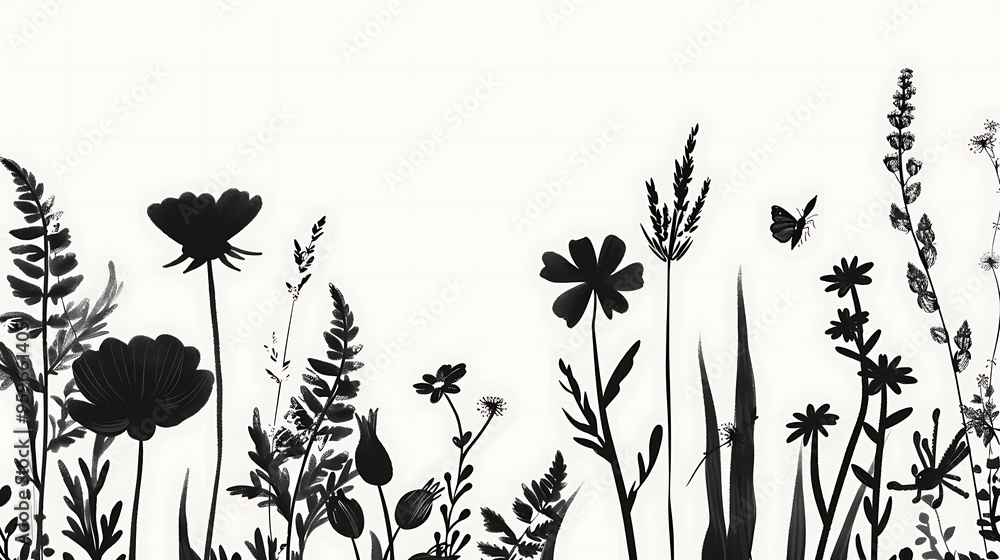 Naklejka premium Close-up of hand-drawn black silhouettes of flowers, grass, and herbs on a white backdrop, featuring detailed insects and delicate botanical forms