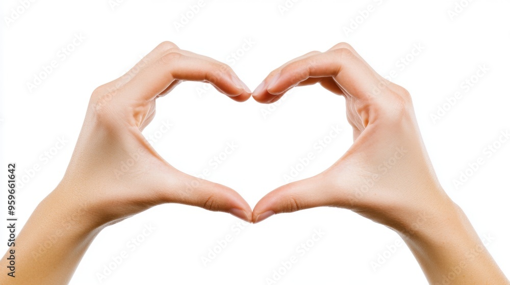 Fototapeta premium Two Hands Forming a Heart Shape Together on a Pure White Background for Love and Romance Themes