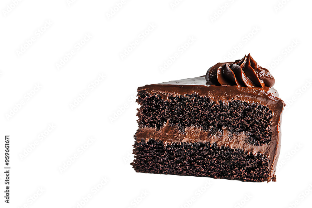 Isolated closeup of a delicious piece of chocolate cake on a plate, topped with rich cream and a dusting of cocoa powder, perfect for a sweet treat or birthday celebration Isolated closeup of a delicious piece of chocolate cake on a plate, topped with rich cream and a dusting of cocoa powder, perfect for a sweet treat or birthday celebration
