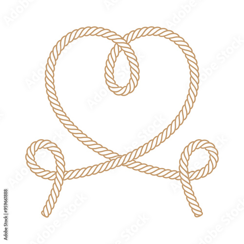 Vector simple line drawing of a red rope tied into the shape of a heart. Isolated on white background.