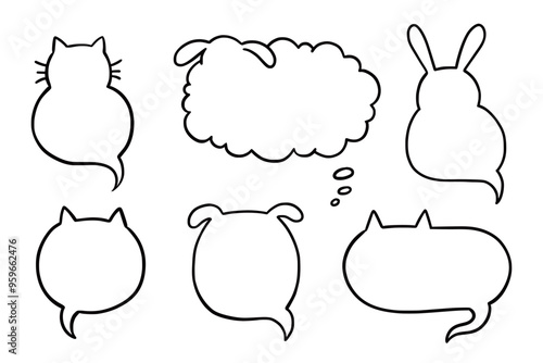Cat dog pet frame, speech bubble cute set. Hand drawn sketch doodle line style animal pet frame design. Cat, dog paw cute talk speech bubble design. Puppy round footprint badge. Vector illustration.