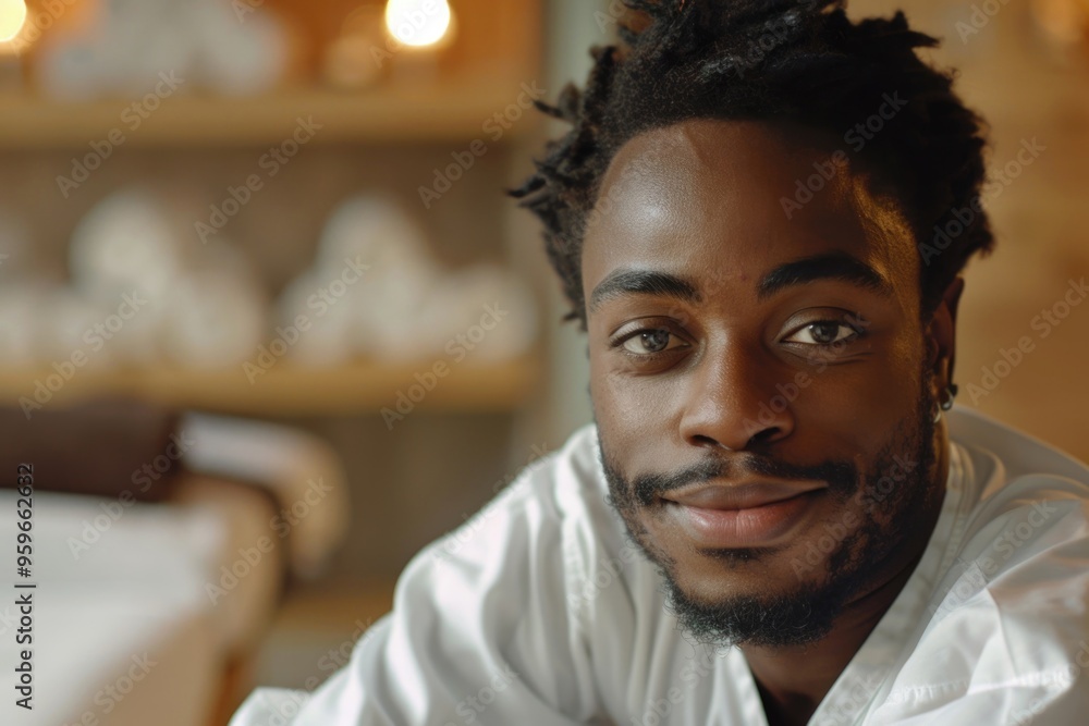 Fototapeta premium Relaxed man in spa setting smiling with tranquility and warm ambiance AI