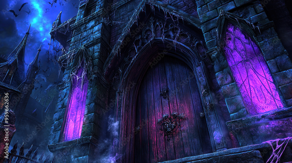 A castle with purple doors and windows. The castle is surrounded by a dark forest. Scene is eerie and mysterious A castle with purple doors and windows. The castle is surrounded by a dark forest. Scene is eerie and mysterious